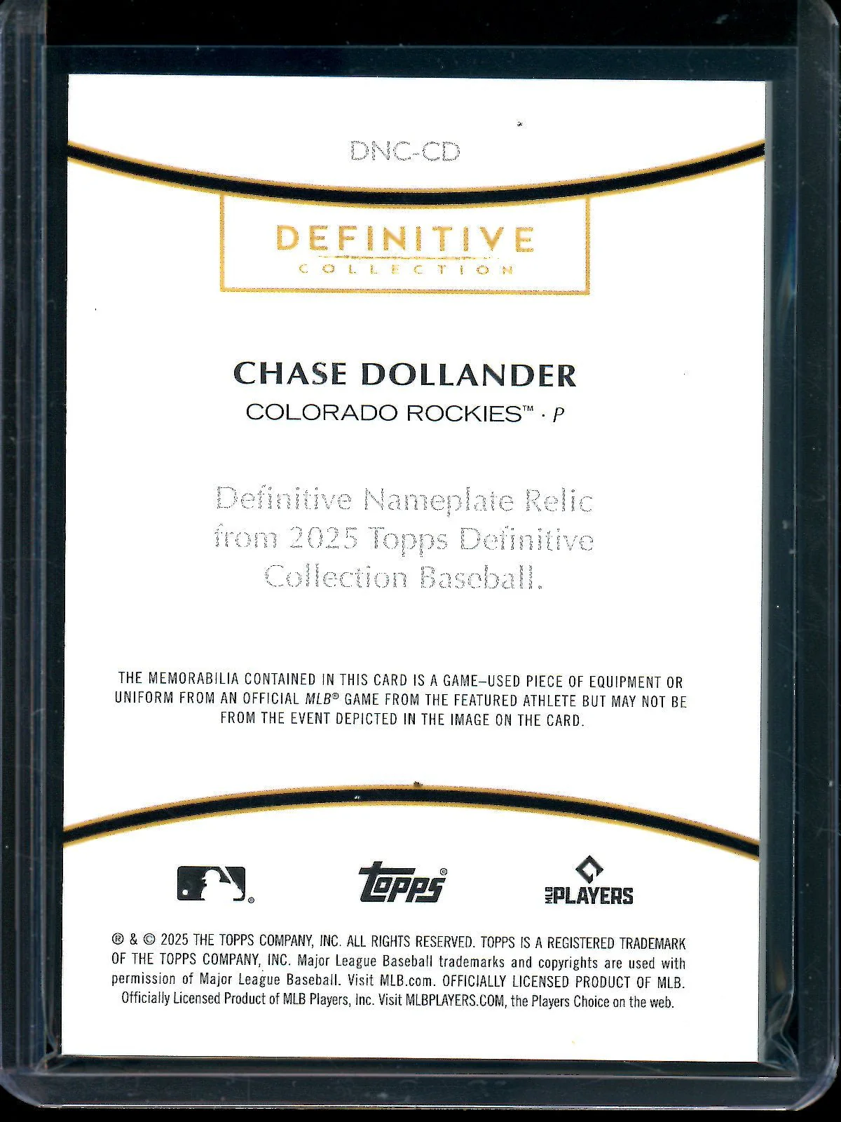 2025 Topps Definitive Chase Dollander Nameplate Relic 1/1 #DNC-CD Rockies - Image 2
