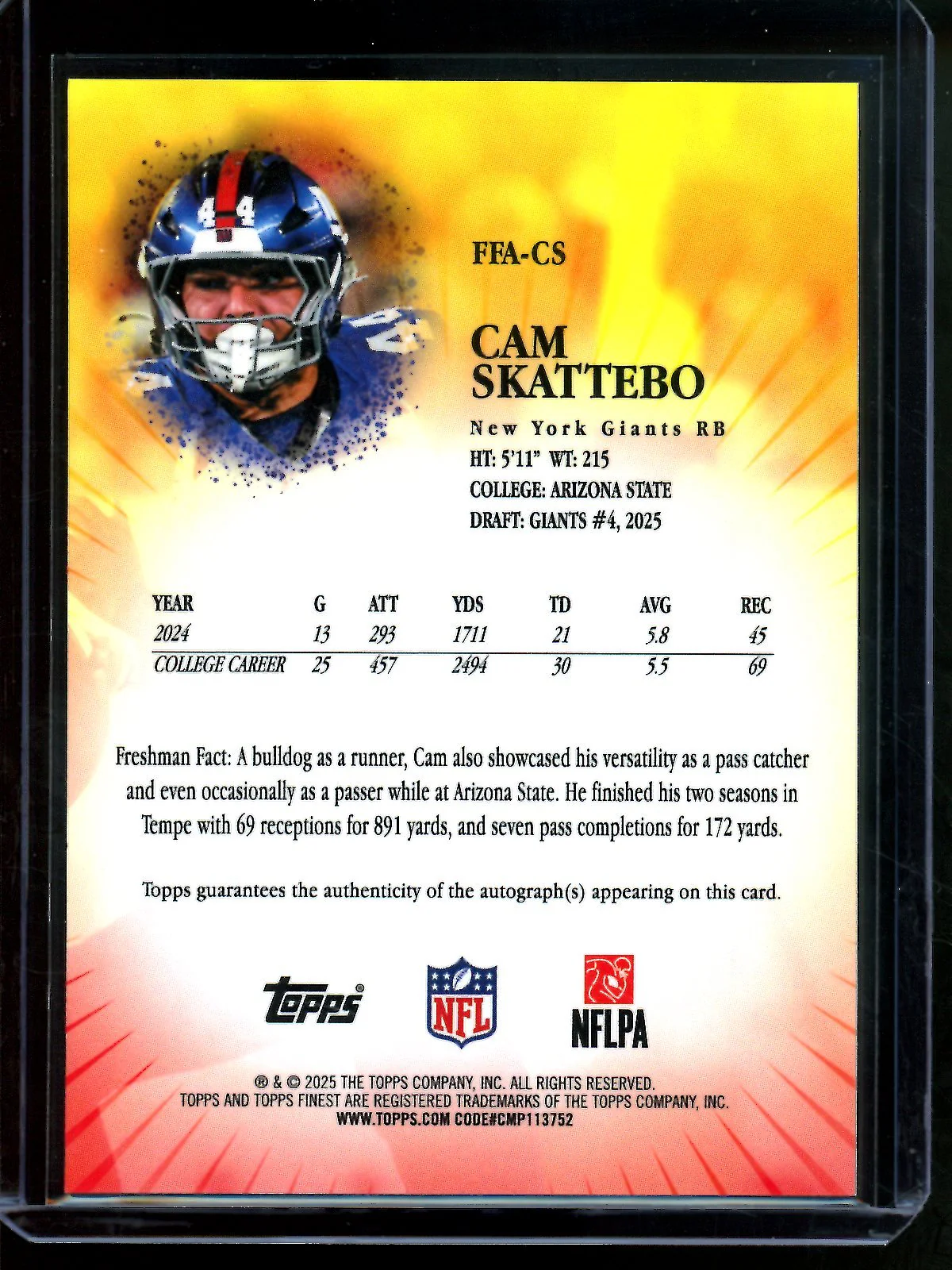 2025 Topps Finest Cam Skattebo Freshman Orange Rookie Geometric Autograph /25 Giants - Image 2