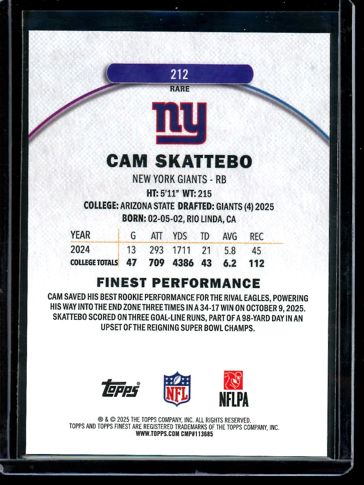 2025 Topps Finest Cam Skattebo Rare Black Geometric Rookie /10 Giants - Image 2