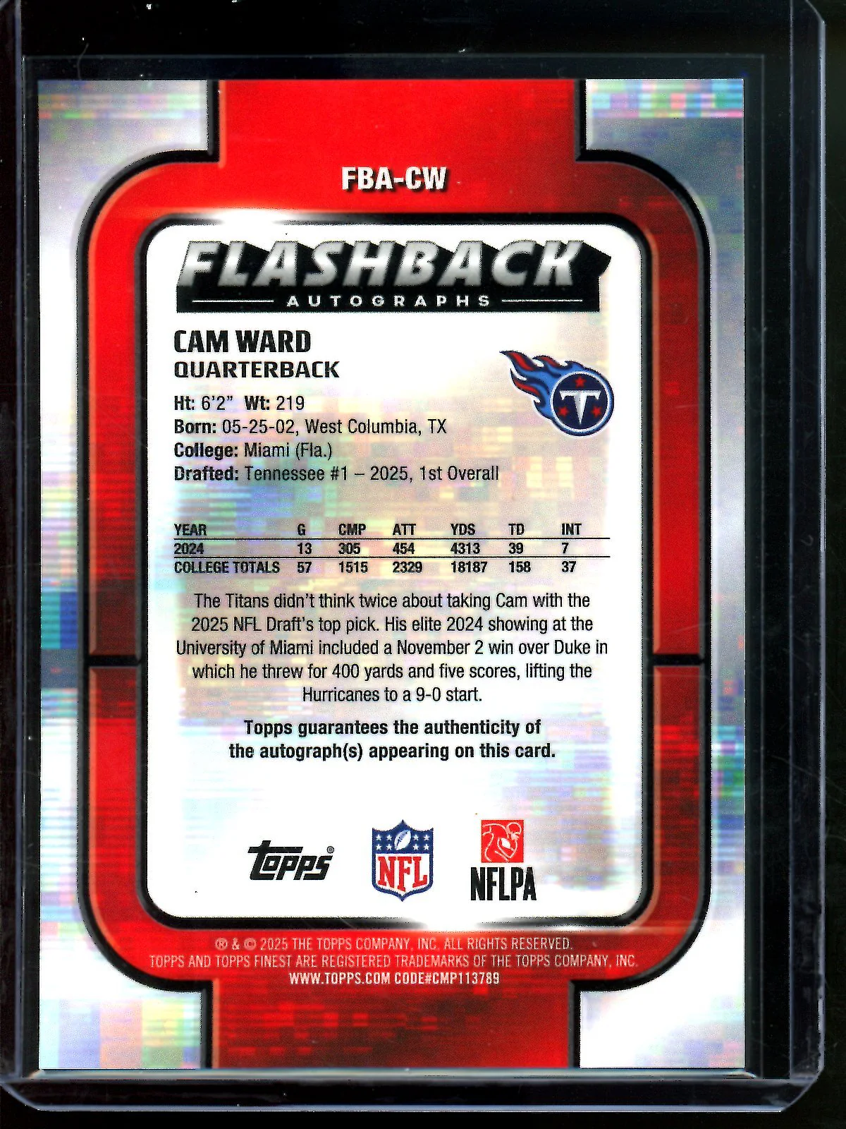 2025 Topps Finest Cam Ward Flashback Autographs Rookie Gold /50 Titans - Image 2