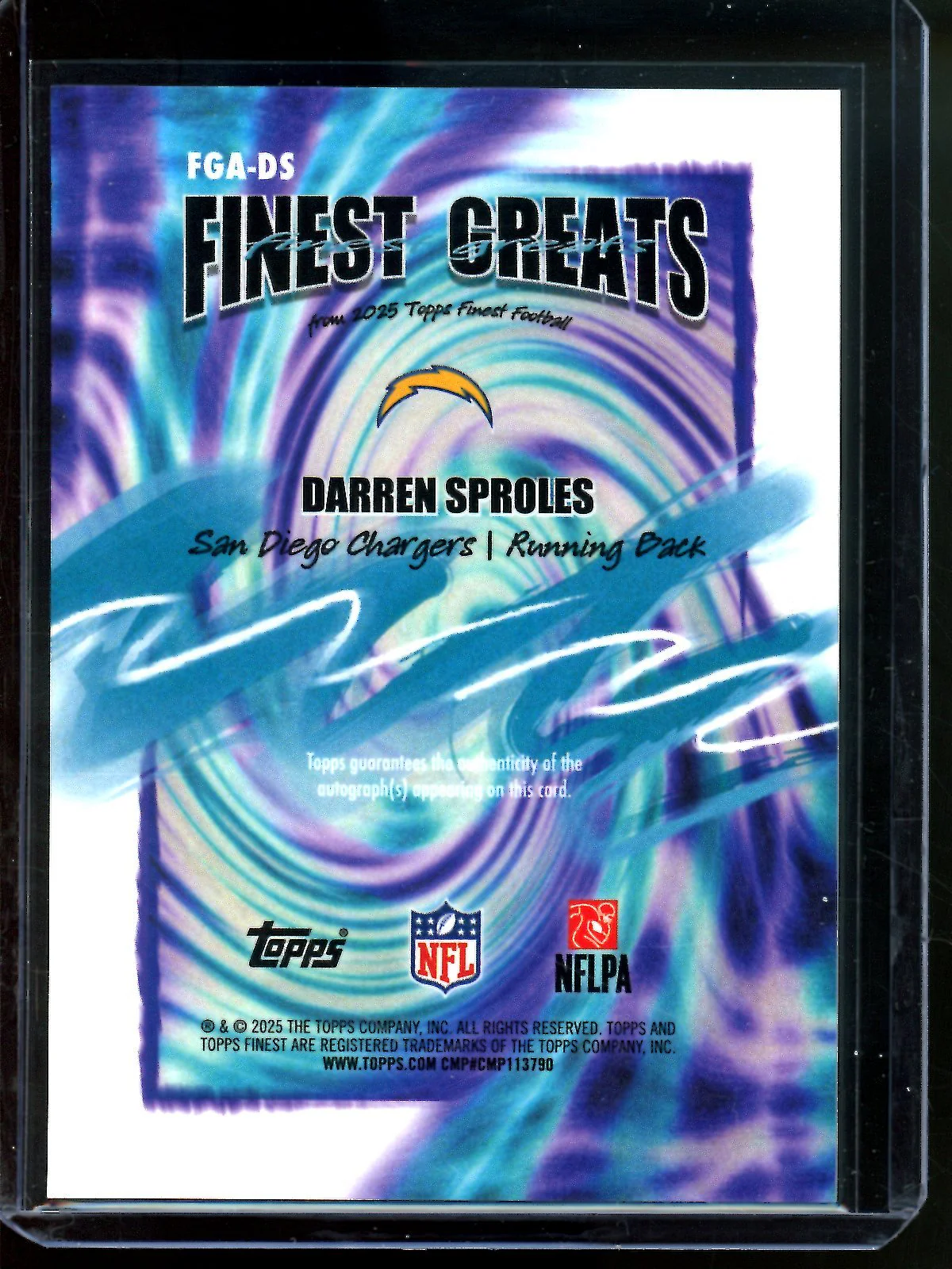 2025 Topps Finest Darren Sproles Finest Greats Orange Autograph /25 Chargers - Image 2