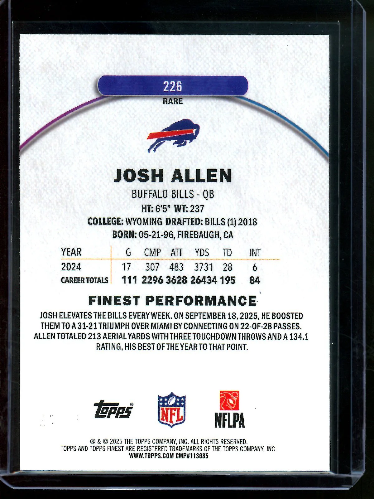 2025 Topps Finest Josh Allen Purple /75 Bills - Image 2
