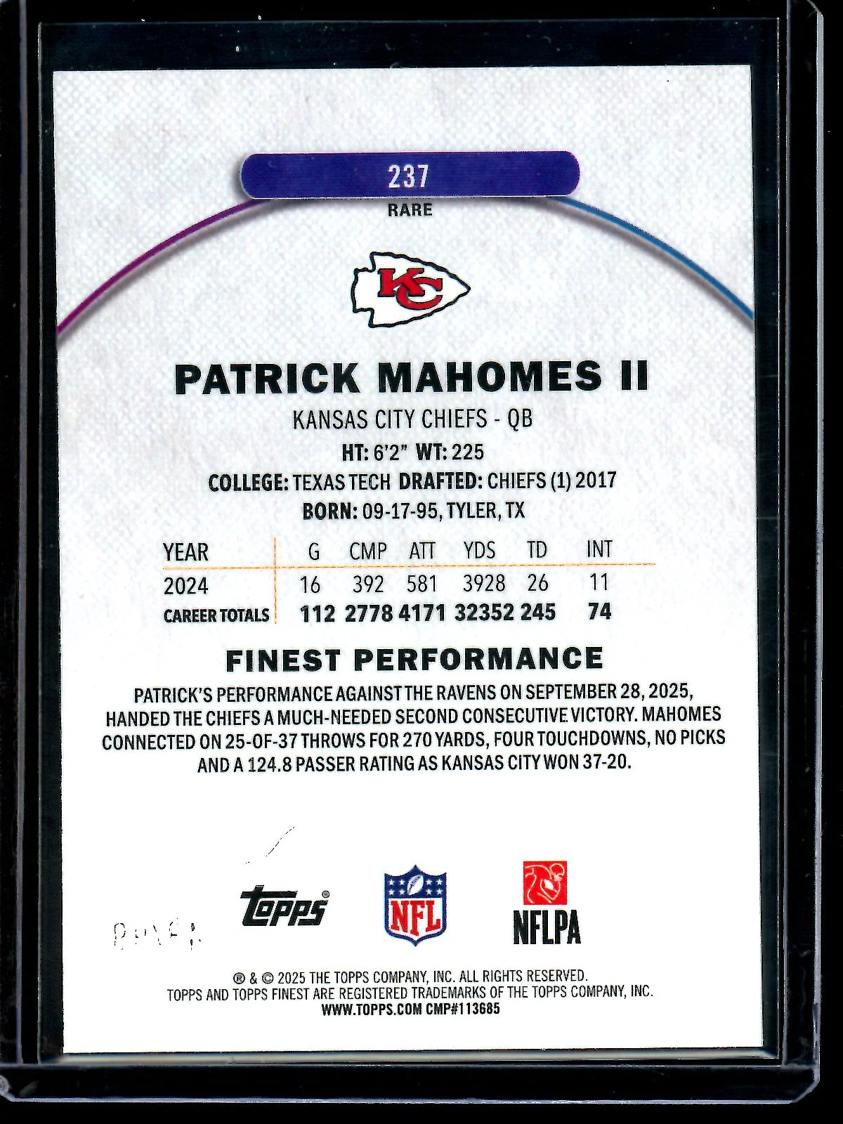 2025 Topps Finest Patrick Mahomes II Rare Blue Refractor /99 Chiefs - Image 2