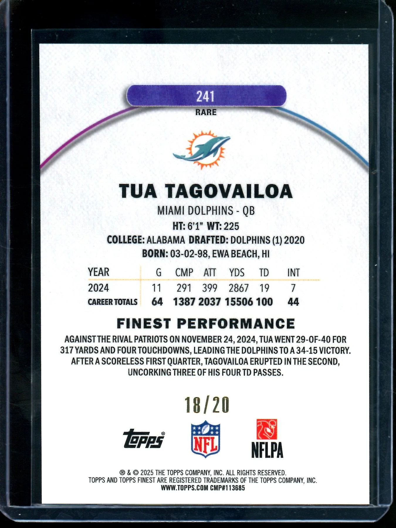 2025 Topps Finest Tua Tagovailoa Gold Rare /20 Dolphins - Image 2