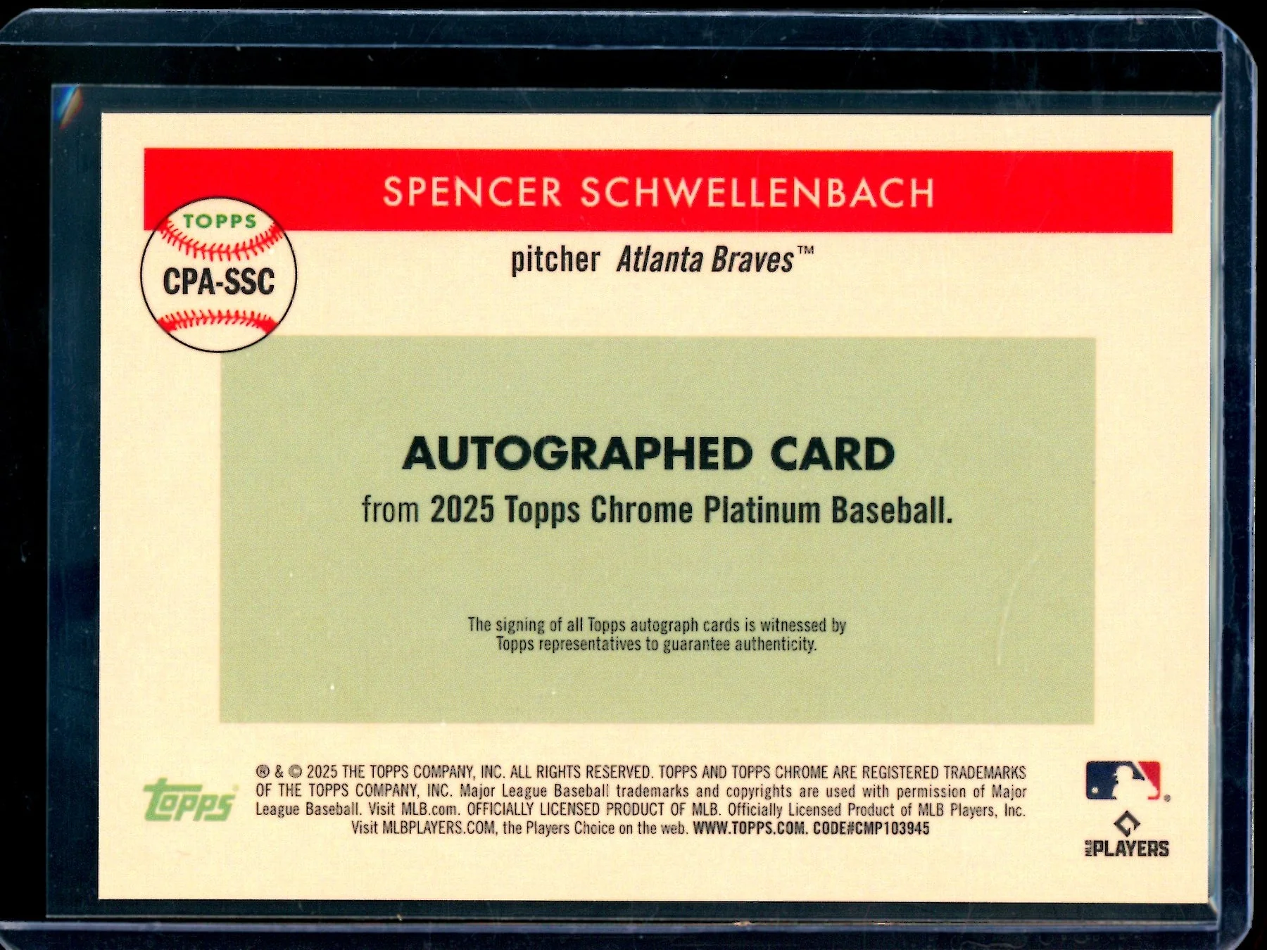 2025 Topps Platinum Spencer Schwellenbach Rookie Autograph Braves - Image 2