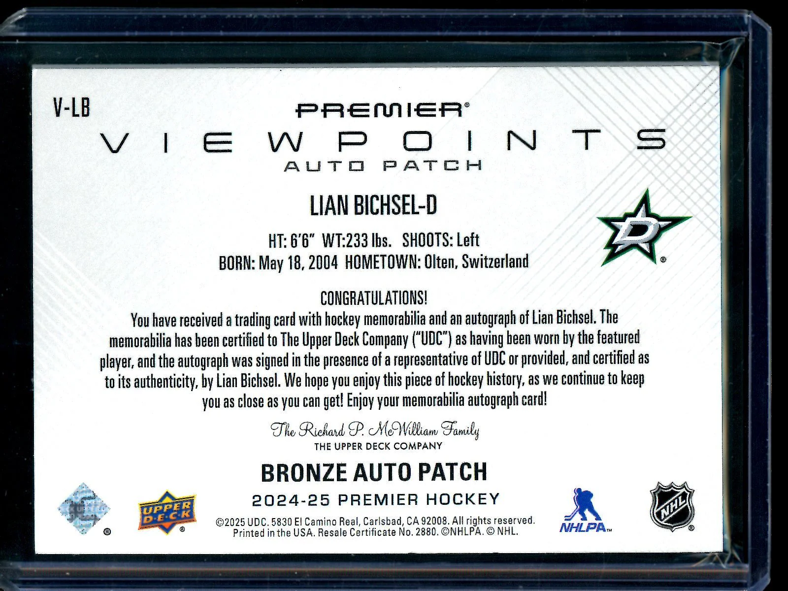 2025 Upper Deck Premier Lian Bichsel Bronze Autograph Patch Viewpoints /99 Stars - Image 2