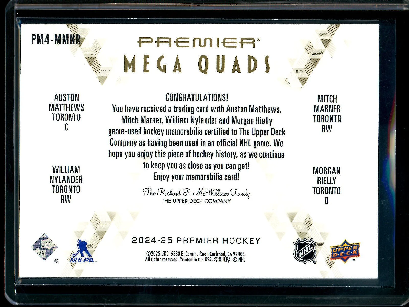 2025 Upper Deck Premier Matthews / Marner / Nylander / Rielly Mega Quads Relic /15 Maple Leafs - Image 2