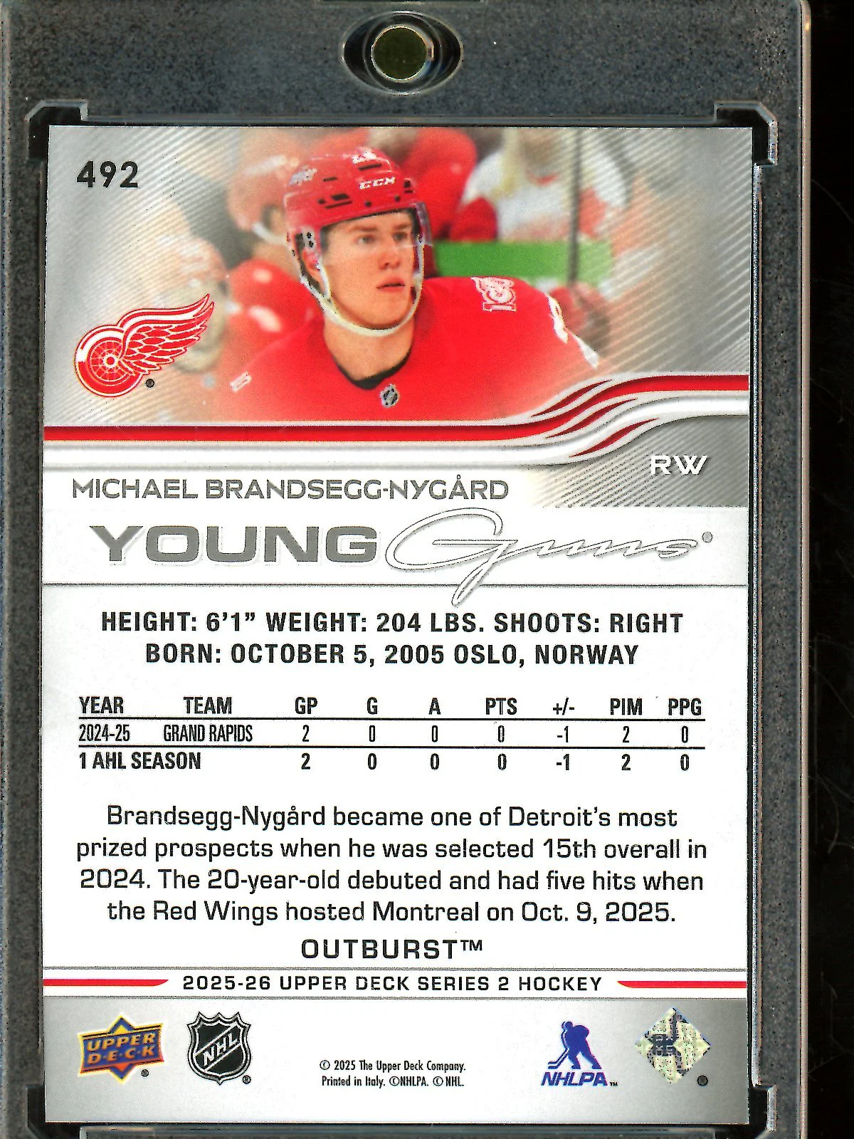 2025 Upper Deck Series 2 Michael Brandseggnygard Young Gun Outburst Rookie Detroit Redwings - Image 2
