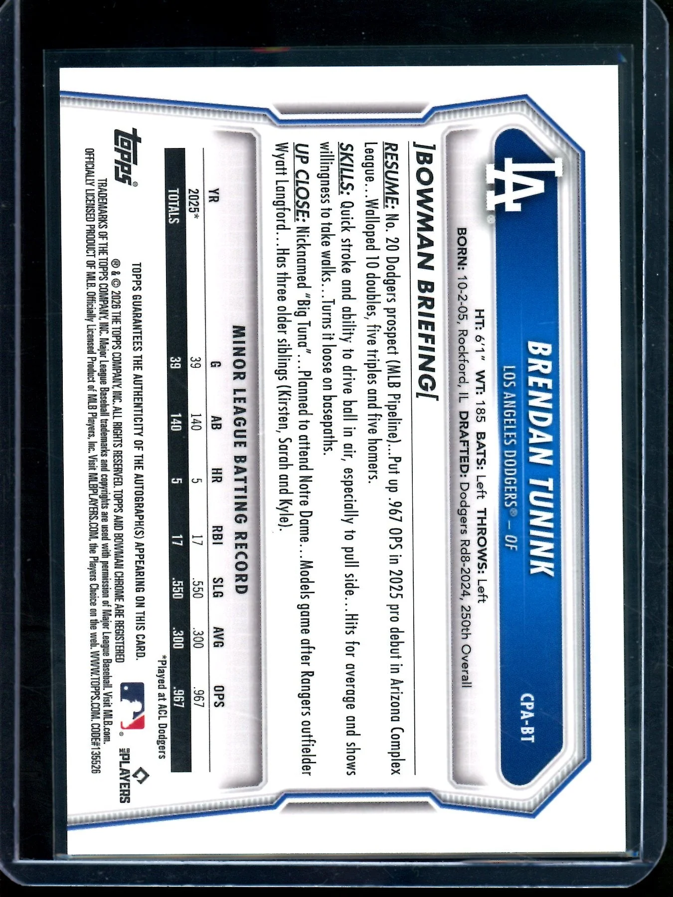 2026 Bowman Chrome Brendan Tunink 1st Green Autograph /99 Dodgers - Image 2