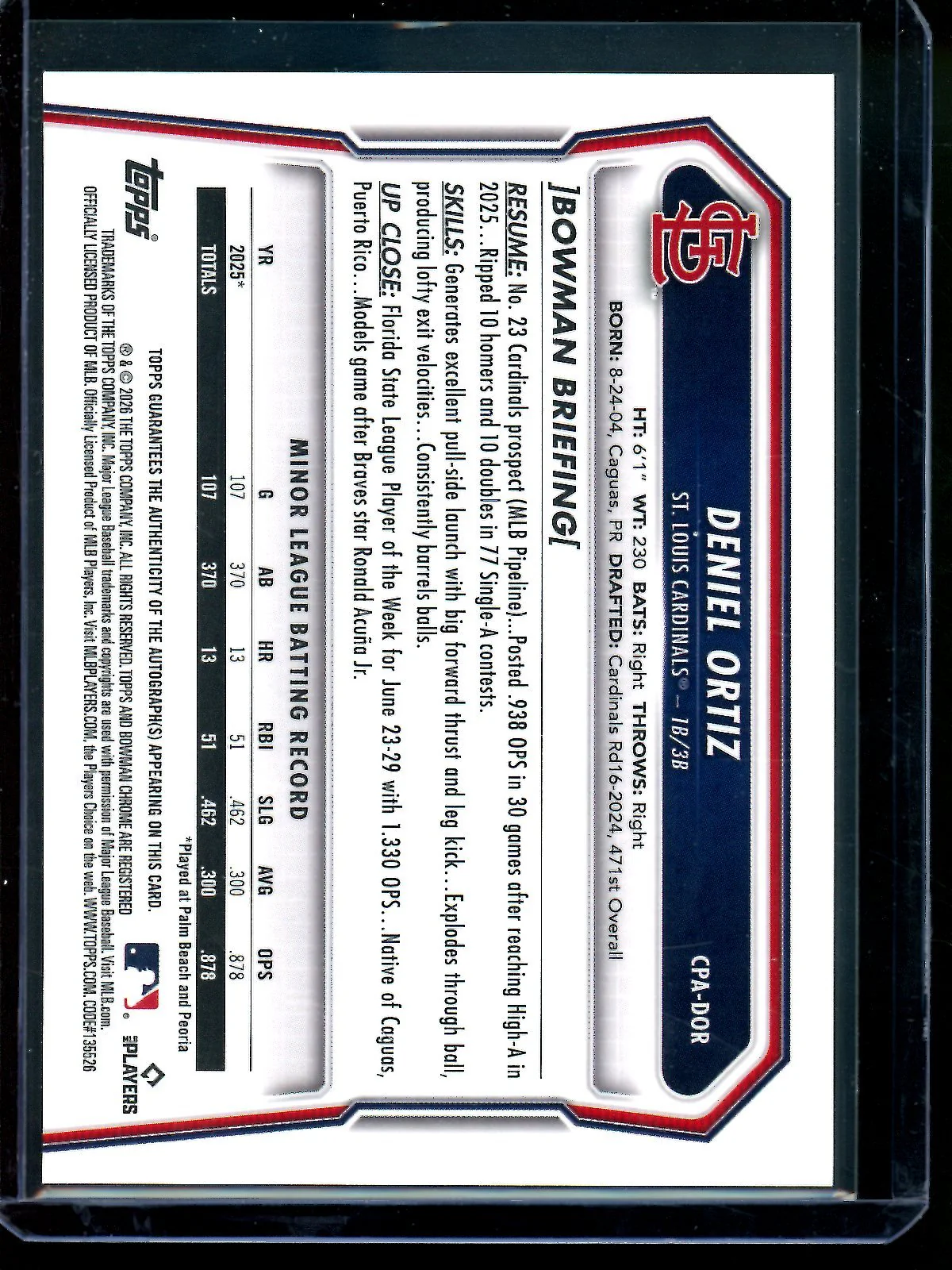 2026 Bowman Chrome Deniel Ortiz 1st Autograph Cardinals - Image 2