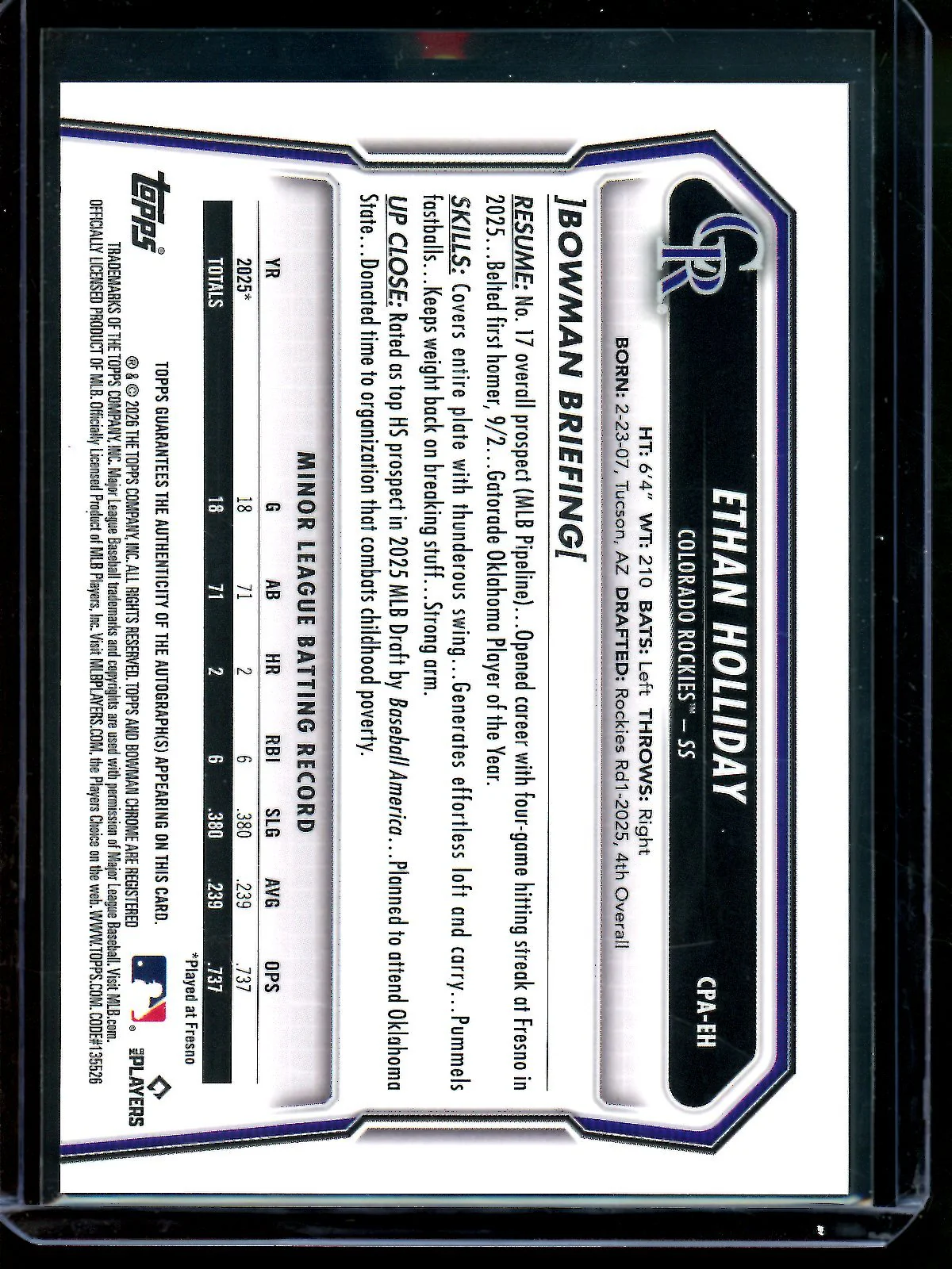2026 Bowman Chrome Ethan Holliday Blue Refractor 1st Autograph /150 Rockies - Image 2