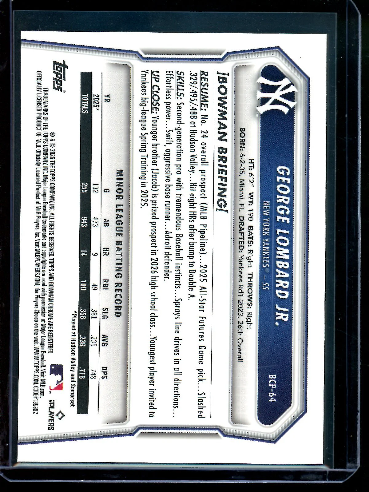 2026 Bowman Chrome George Lombard Jr Gold Geometric Refractor /50 Yankees - Image 2