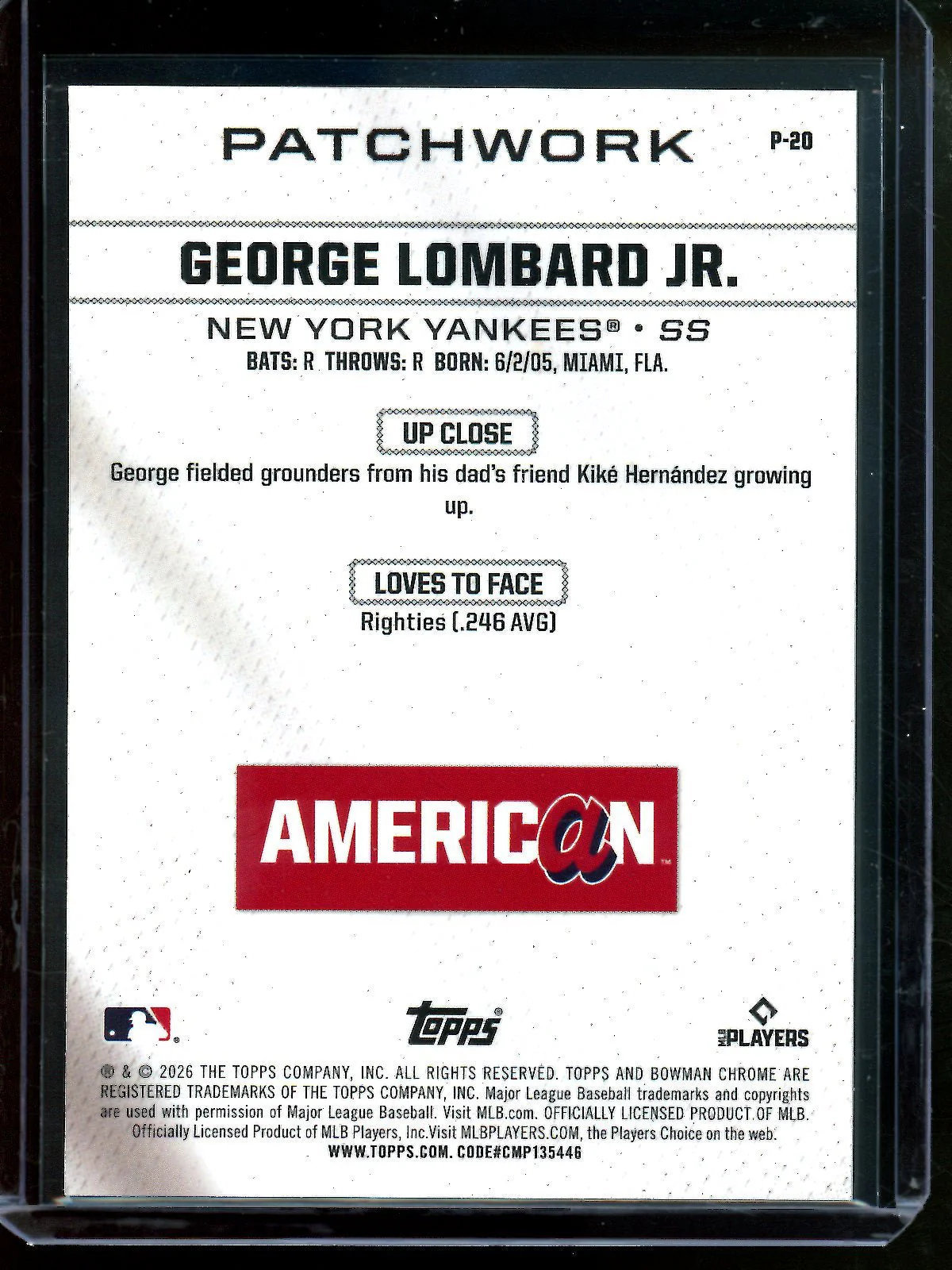 2026 Bowman Chrome George Lombard Jr Patchwork SSP #P-20 Yankees - Image 2