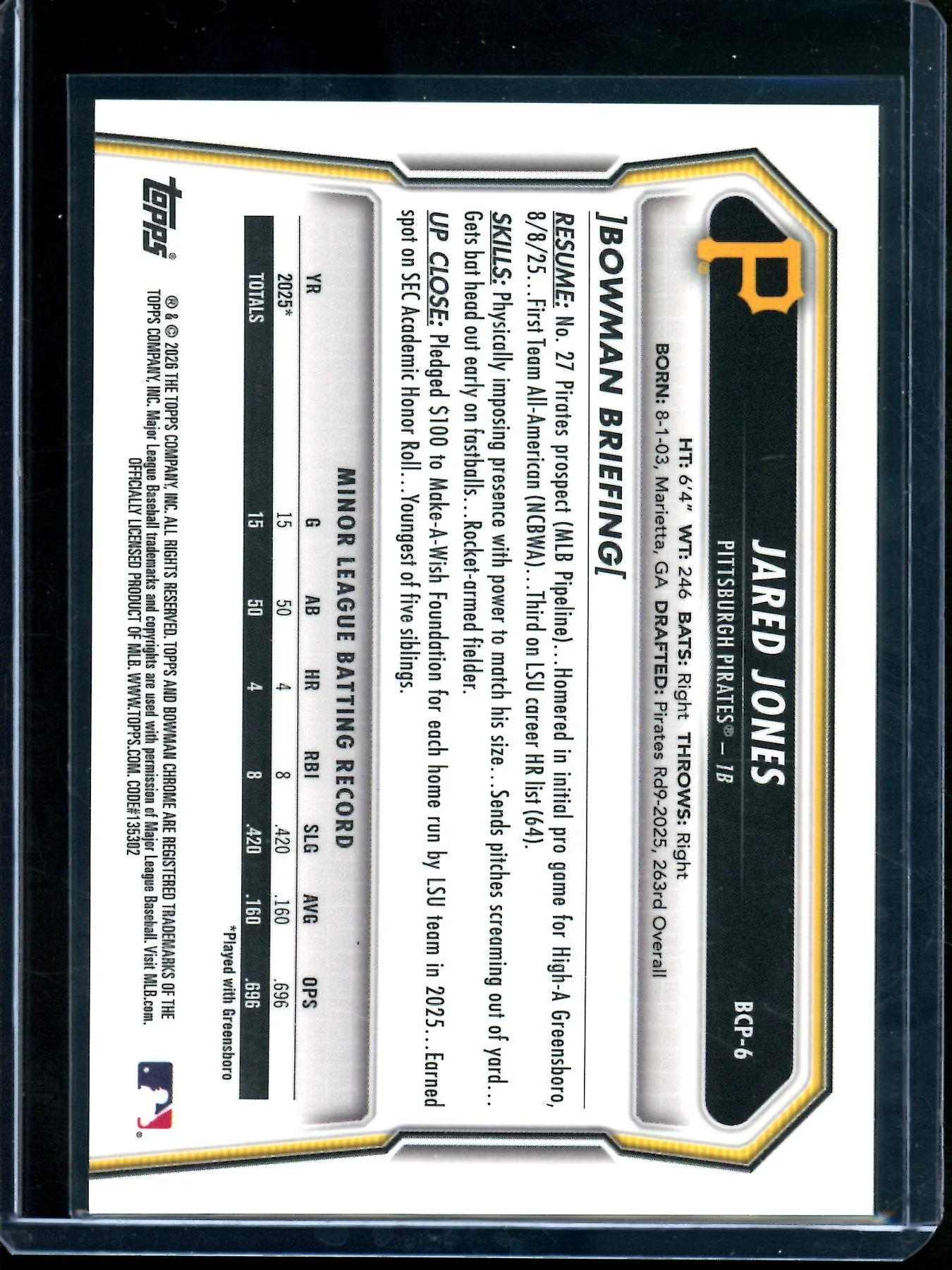 2026 Bowman Chrome Jared Jones Gold Shimmer 1st /50 Pirates - Image 2