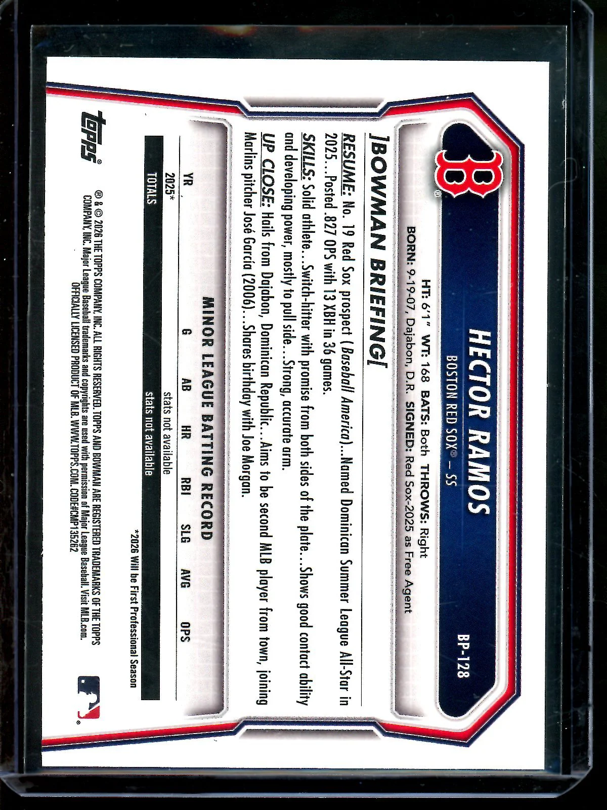 2026 Bowman Hector Ramos 1st Black /10 Red Sox - Image 2