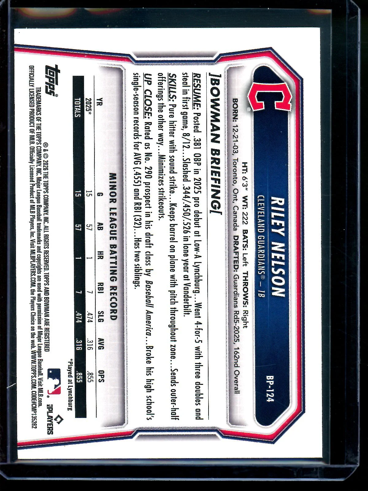 2026 Bowman Riley Nelson Bowman Refractor Foil 1st SP Guardians - Image 2
