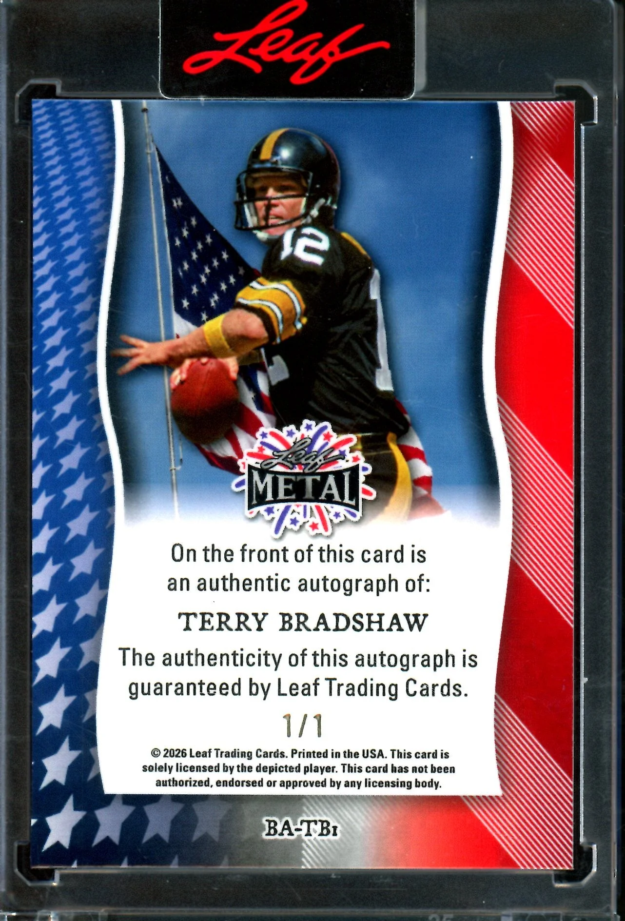 2026 Leaf Metal Terry Bradshaw 1/1 Gold Vinyl 250 Years Autograph Encased Steelers - Image 2