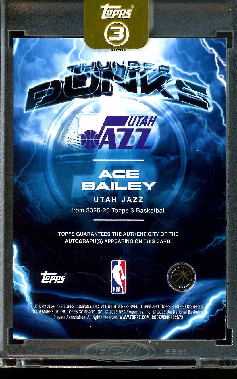 2026 Topps 3 Ace Bailey Thunder Dunks Rookie Autograph /49 Jazz - Image 2