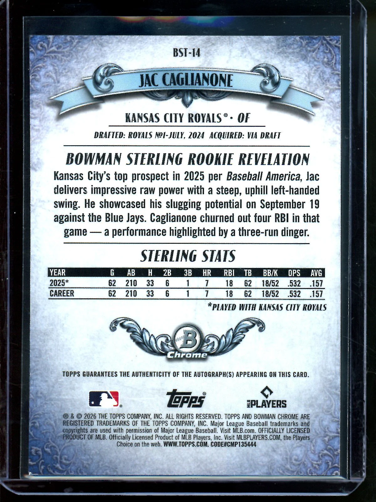 2026 Topps Bowman Chrome Jac Caglianone Sterling Autograph Refractor /150 Royals - Image 2