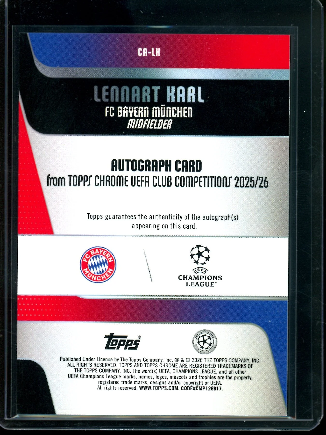 2026 Topps Chrome Lennart Karl True Gold Rookie Autograph /50 FC Bayern Munchen - Image 2