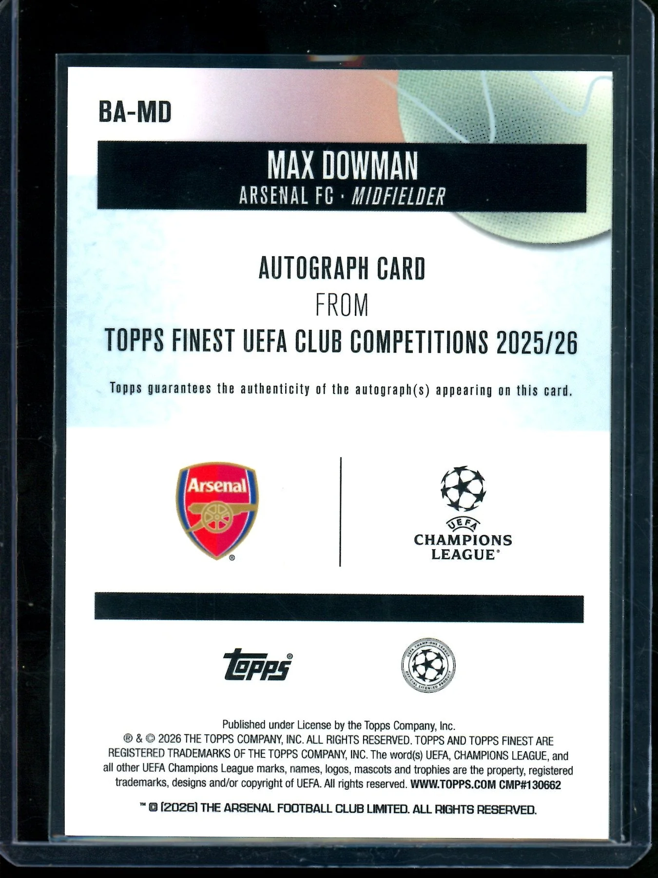 2026 Topps Finest Max Dowman Green Rookie Autograph /99 Arsenal FC - Image 2