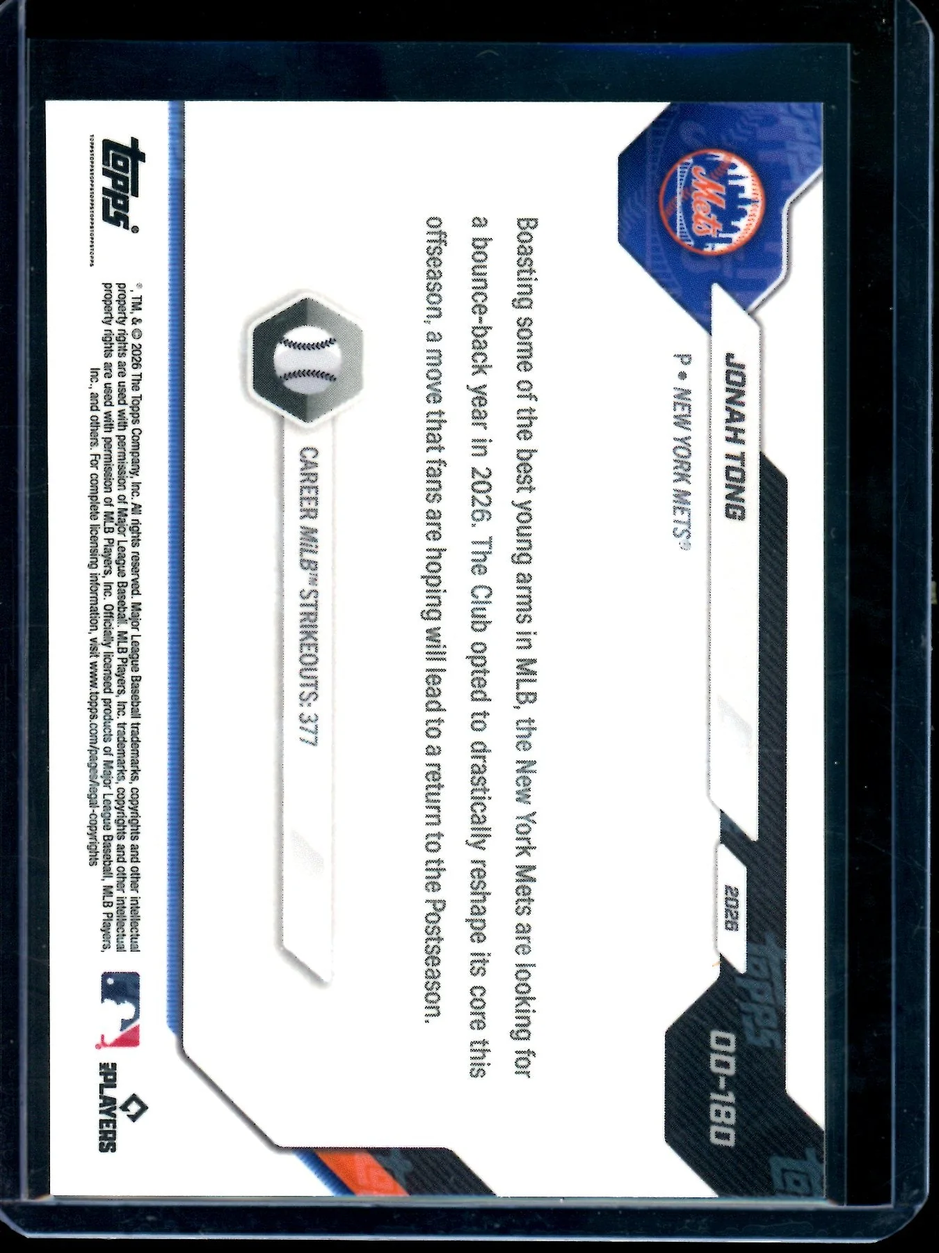 2026 Topps Now Jonah Tong Road to Opening Day Rookie /26 Mets - Image 2