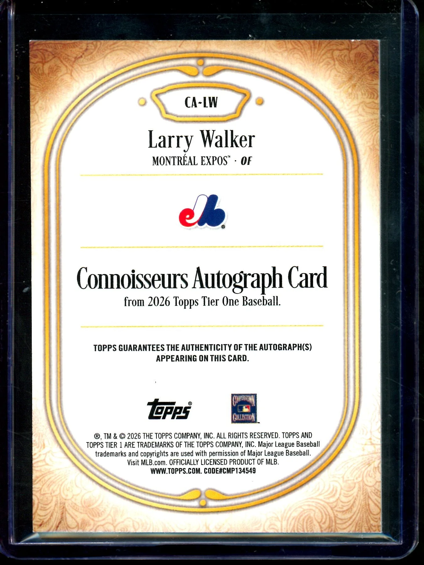 2026 Topps Tier One Larry Walker Blue Connoisseurs Autograph /75 Expos - Image 2