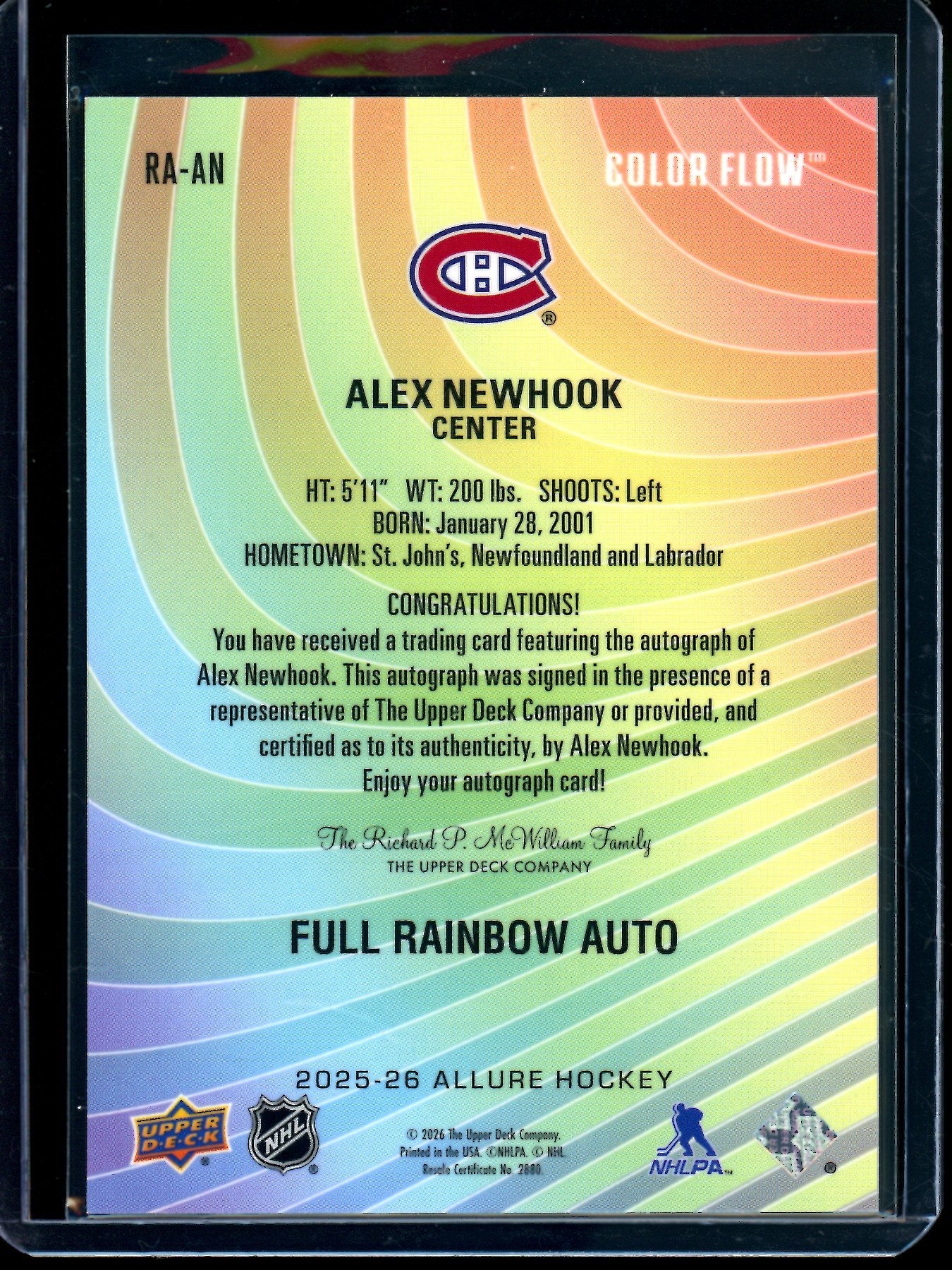 2026 Upper Deck Allure Alex Newhook Full Rainbow Autograph #RA-AN Canadiens - Image 2