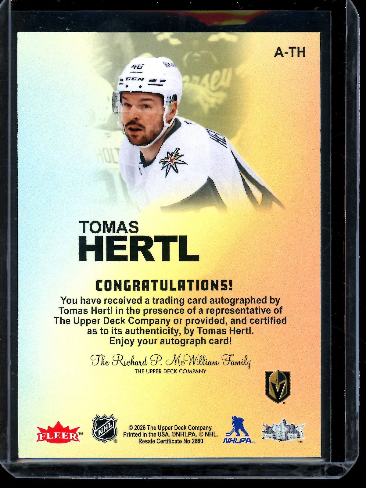 2026 Upper Deck Fleer Tomas Hertl Autographics #A-TH Golden Knights - Image 2